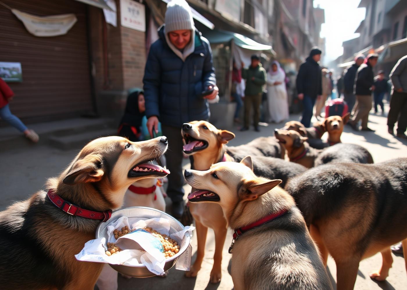 Street dogs in Kathmandu being fed by a volunteer